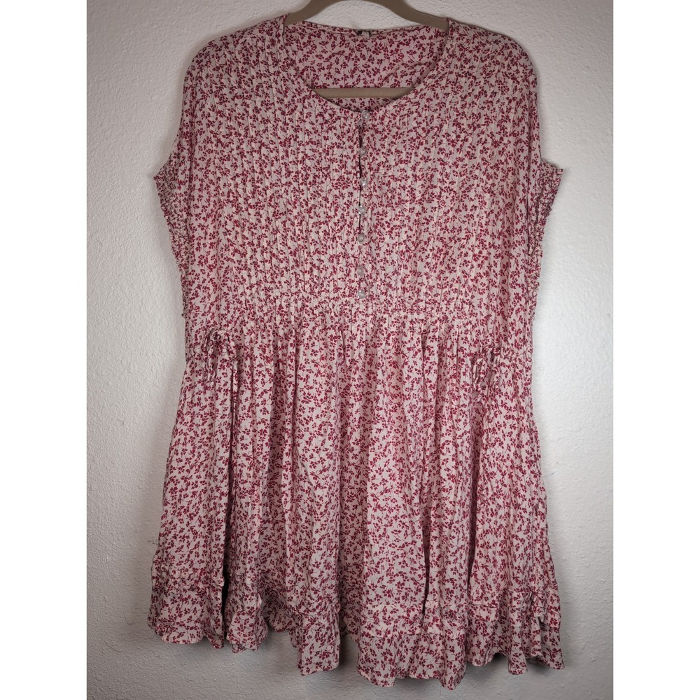 Free People Pink Red Floral Boho Mini Dress Oversized Rayon Tunic Size Small - Picture 3 of 12